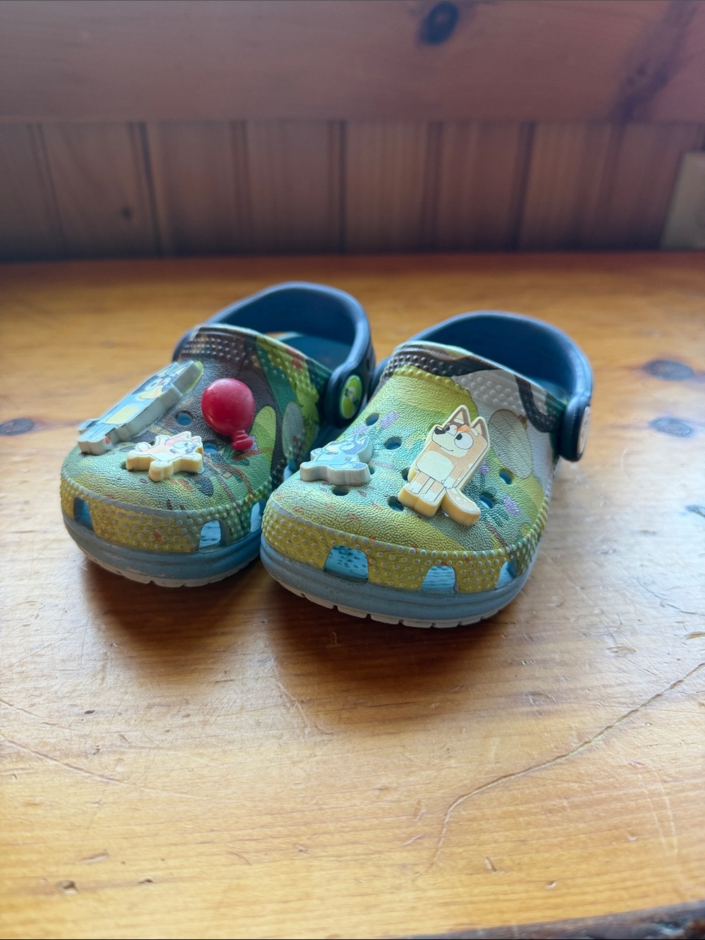 CROCS Kids Green and Blue Clog Sandals with Character Charms